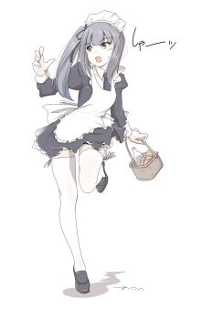 1girl alternate_costume apron basket black_dress black_neckerchief black_shoes brown_eyes commentary_request dress enmaided frilled_apron frills full_body grey_hair highres kantai_collection kasumi_(kancolle) looking_to_the_side maid maid_day maid_headdress neckerchief running shoes side_ponytail simple_background solo tada_(tactical_tada) thighhighs white_apron white_background white_thighhighs