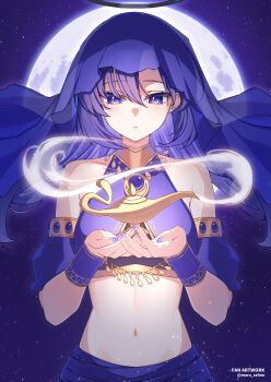 1girl alternate_costume ancient_egyptian_clothes bare_shoulders blue_archive blue_veil crop_top dancer detached_sleeves full_moon gold_trim halo highres lamp long_hair looking_at_viewer maru.selinn midriff moon navel parted_lips purple_eyes purple_hair purple_shirt shirt short_sleeves sleeveless sleeveless_shirt solo stomach upper_body veil yuuka_(blue_archive)