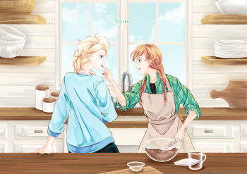 2girls anna_(frozen) apron arm_support baking blonde_hair blue_sky blue_sweater bowl braid braided_twintails brown_apron chocolate chocolate_on_hand commentary day elsa_(frozen) english_commentary english_text eye_contact faucet food_on_hand freckles frozen_(disney) glass glass_bowl green_shirt hair_over_shoulder holding holding_utensil indoors inu0831 jar kitchen long_hair long_sleeves looking_at_another looking_to_the_side multiple_girls open_mouth orange_hair outstretched_hand plaid_clothes plaid_shirt plate shirt siblings sisters sky smile standing sweater tasting three-quarter_sleeves turning_head twintails utensil variant_set window