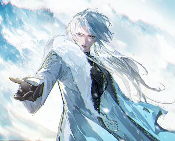 Rule 34 | 1girl, absurdres, alternate costume, black gloves, blue eyes, chromatic aberration, coat, commentary, earrings, english commentary, floating clothes, floating hair, from side, fur-trimmed coat, fur collar, fur trim, gloves, highres, jewelry, long hair, looking at viewer, mountain, necklace, open clothes, open coat, outdoors, path to nowhere, qingci, reaching, reaching towards viewer, smile, snow, snowing, solo, upper body, white coat, white hair, zoya (path to nowhere)