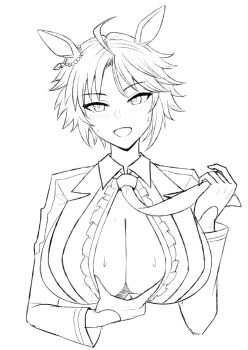 1girl absurdres ahoge alternate_breast_size_(larger) animal_ears blush breasts center_frills center_opening collared_shirt cropped_torso ear_ornament frilled_shirt frills fuji_kiseki_(shooting_star_revue)_(umamusume) fuji_kiseki_(umamusume) gloves highres holding_necktie horse_ears huge_breasts jacket jewelry large_breasts long_sleeves looking_at_viewer monochrome necktie necktie_lift no_bra open_mouth paizuri_invitation presenting_breasts protected_link shirt short_hair smile solo straight-on sweat umamusume upper_body wing_collar wuwusan