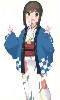 Rule 34 | 1girl, absurdres, bag, black hair, blue happi, brown eyes, checkered clothes, commentary, english commentary, floral print, fubuki (kancolle), happi, highres, japanese clothes, kantai collection, kimono, low ponytail, ma rukan, medium hair, open mouth, ponytail, satchel, smile, solo, white background, white kimono, yukata