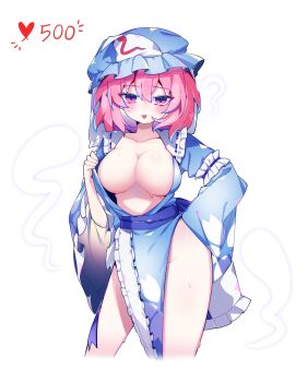 1girl blue_kimono blush breasts hair_between_eyes hand_on_own_hip hat highres japanese_clothes kimono large_breasts long_sleeves looking_at_viewer medium_hair no_bra no_panties open_clothes open_kimono pink_eyes pink_hair puffy_sleeves saigyouji_yuyuko sia_6767 smile solo sweat tongue tongue_out touhou white_background