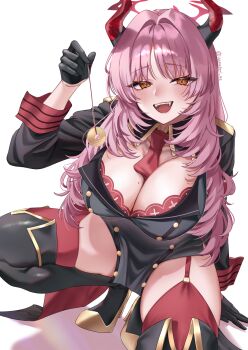 1girl artist_name between_breasts black_gloves blue_archive blush boots bra bra_peek breasts cleavage coin coin_on_string commentary_request demon_girl demon_horns fangs gloves gold_trim hair_intakes highres holding holding_pendulum holed_coin horns hypnotizing_viewer isanatori large_breasts long_hair long_sleeves looking_at_viewer mole mole_on_breast necktie necktie_between_breasts open_mouth orange_eyes pelvic_curtain pendulum pink_hair red_bra red_garter_straps red_horns red_necktie red_thighhighs red_wrist_cuffs satsuki_(blue_archive) simple_background smile solo squatting teeth thigh_boots thighhighs thighs underwear upper_teeth_only white_background wrist_cuffs
