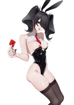Rule 34 | 1girl, absurdres, ame-chan (needy girl overdose), animal ears, bare shoulders, black eyes, black hair, black hairband, black leotard, black nails, black thighhighs, blood, blood from mouth, breasts, breasts out, condom, condom wrapper, detached collar, earrings, eyeshadow, hairband, heart, heart print, highres, holding, holding condom, jewelry, leotard, long hair, looking at viewer, makeup, nail polish, necktie, needy girl overdose, nipples, pink lips, pink nails, playboy bunny, rabbit ears, red eyeshadow, red necktie, scar, scar on arm, scar on thighs, self-harm scar, simple background, single hair intake, solo, strapless, strapless leotard, stud earrings, thighhighs, thighs, twintails, waytok, white background