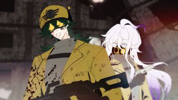 Rule 34 | 2boys, ahoge, behind another, black-framed eyewear, black gloves, blood, blood on clothes, blood on face, blurry, cheek tattoo, chinese commentary, clenched teeth, commentary request, covered mouth, depth of field, double-parted bangs, flipped hair, gatling pea (plants vs. zombies), gloves, goggles, gradient hair, green hair, grey background, grey eyes, grey sweater, gun, hair between eyes, hand up, handgun, helmet, highres, holding, holding gun, holding weapon, huge ahoge, indoors, jacket, lapels, long hair, long hair between eyes, long sidelocks, long sleeves, looking at another, male focus, mask, medium hair, multicolored hair, multiple boys, no pupils, official alternate costume, open clothes, open jacket, pale skin, personification, plants vs. zombies, plants vs. zombies 2, purple hair, respirator, shadow peashooter (plants vs. zombies), sidelocks, siiiiiiiiiii, simple background, sweatdrop, sweater, tattoo, teeth, tinted eyewear, turtleneck, turtleneck sweater, two-tone hair, upper body, very long hair, weapon, white hair, window, yellow-tinted eyewear, yellow helmet, yellow jacket