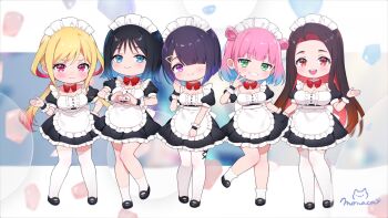5girls alternate_costume apron artist_name black_dress black_hair black_shoes blonde_hair blue_eyes blue_hair blunt_bangs blunt_ends blush bow bowtie brown_hair closed_mouth colored_inner_hair commentary_request commission deformed detached_collar dress enmaided frilled_wristband full_body gradient_hair green_eyes grin hair_ornament hair_over_one_eye heart heart_hands highres hongou_miyuki kitahara_aoba kusunoki_aroma lineup long_hair maid maid_apron maid_headdress mary_janes multicolored_hair multiple_girls open_mouth pink_eyes pink_hair purple_eyes purple_hair red_bow red_bowtie red_eyes red_hair sawaranaide_kotesashi-kun sayamagaoka_chiyo shoes short_hair skirt_hold smile socks standing standing_on_one_leg sumiyoshi_izumi teeth thighhighs twintails upper_teeth_only v white_socks white_thighhighs wispy_bangs yui_(spica)