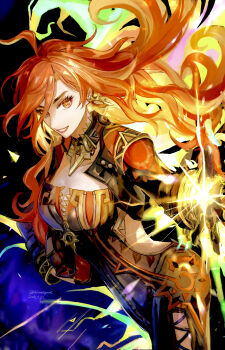 Rule 34 | 1girl, :d, ahoge, biker clothes, bikesuit, black bodysuit, black gloves, blonde hair, bodysuit, breasts, cleavage, clothing cutout, commentary request, earrings, genshin impact, gloves, helmet, highres, hip vent, holding, holding unworn helmet, jewelry, large breasts, long hair, looking at viewer, mavuika (genshin impact), multicolored hair, open mouth, orange eyes, orange hair, red hair, shiramigame, smile, solo, sparkle, twitter username, unworn headwear, unworn helmet, very long hair