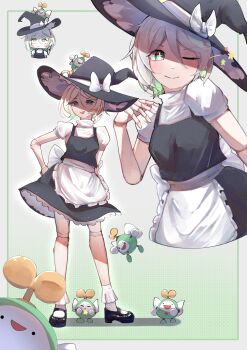 +_- 1girl absurdres apron black_dress black_hat black_shoes black_skirt black_vest blonde_hair border bow cecilia_immergreen colored_inner_hair commentary cosplay doll_joints dress english_commentary gradient_background green_background green_eyes green_hair grey_hair hair_between_eyes hand_on_own_hip hat hat_bow highres hololive hololive_english joints kirisame_marisa kirisame_marisa_(cosplay) looking_at_viewer mary_janes multicolored_hair multiple_views one_eye_closed otomo_(cecilia_immergreen) outside_border polka_dot polka_dot_background rametkup shirt shoes short_hair short_sleeves skirt smile socks standing touhou vest virtual_youtuber waist_apron white_apron white_background white_border white_bow white_shirt white_socks winding_key wink_star witch_hat