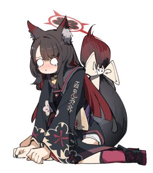 1girl animal_ears black_hair black_serafuku blue_archive fox_ears fox_tail halo highres maton_3110 red_socks school_uniform serafuku simple_background sitting socks solo tail tears twitter wakamo_(blue_archive) white_background