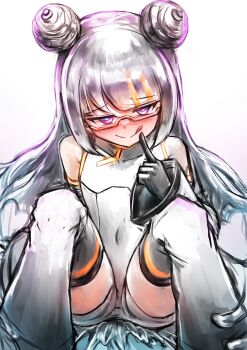 bare_shoulders black_gloves blush bodysuit covered_navel detached_sleeves dot_nose double_bun eyebrows_hidden_by_hair fanged_bangs flat_chest gelee_(puniru_wa_kawaii_slime) gloves glowing_trim gomikerasu grey_bodysuit grey_hair hair_bun hair_ornament heart highres licking_lips looking_at_viewer multicolored_hair pointing pointing_at_self puniru_wa_kawaii_slime purple_eyes raised_inner_eyebrows semi-rimless_eyewear simple_background solo streaked_hair thighs tongue tongue_out under-rim_eyewear