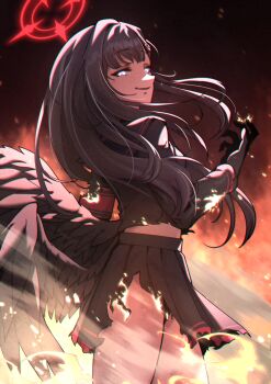 1girl absurdres backlighting black_gloves black_hair black_sailor_collar black_serafuku black_skirt black_wings blue_archive blunt_bangs blurry burning burnt_clothes commentary_request crazy_eyes cs_(connectedskyy) depth_of_field feathered_wings fire gloves hair_ornament hairclip halo highres ichika_(blue_archive) long_hair long_sleeves looking_at_viewer midriff parted_bangs pleated_skirt sailor_collar school_uniform serafuku sidelocks simple_background skirt smile solo white_eyes wings
