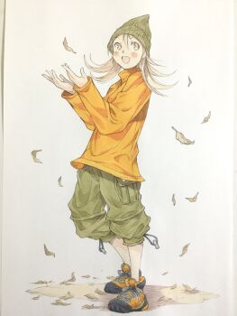 1girl autumn autumn_leaves baggy_pants beanie blonde_hair brown_eyes commentary falling_leaves flipped_hair full_body green_hat green_pants hands_up hat highres leaf looking_up medium_hair open_mouth orange_shoes orange_sweater original pants pants_rolled_up peter_salt shoes smile sneakers solo standing sweater traditional_media turning_head turtleneck turtleneck_sweater