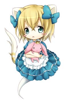 Rule 34 | 1girl, animal ears, apron, blonde hair, blue bow, blue dress, blue eyes, blush stickers, bow, cat ears, cat girl, cat tail, commentary request, dress, emil chronicle online, frilled apron, frills, ghost girl, ghost tail, hair bow, holding, holding stuffed toy, nekomata alice, open mouth, solo, striped tail, stuffed animal, stuffed toy, tail, white apron, white background, white tail, yellow tail, yukimise (hamuhamu)