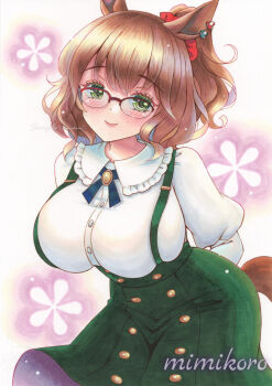 1girl absurdres animal_ears aston_machan_(casual)_(umamusume) aston_machan_(umamusume) blush breasts brown_hair casual closed_mouth commentary_request glasses green_eyes green_skirt hair_ornament hair_scrunchie highres horse_ears horse_girl horse_tail large_breasts long_sleeves looking_at_viewer medium_hair mimikuro one_side_up over-rim_eyewear red-framed_eyewear red_scrunchie scrunchie semi-rimless_eyewear shirt skirt smile solo suspender_skirt suspenders tail traditional_media umamusume white_shirt