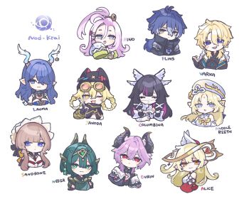 3boys 6+girls aino_(genshin_impact) alice_(genshin_impact) blonde_hair blue_eyes blue_hair braid braided_hair_rings brown_hair character_name chibi chibi_only clenched_hand closed_eyes closed_mouth columbina_(genshin_impact) commentary_request facial_scar flins_(genshin_impact) fukadanana genshin_impact green_eyes green_hair hair_between_eyes hair_ribbon hair_rings hat highres horns jahoda_(genshin_impact) lauma_(genshin_impact) long_hair mini_durin_(genshin_impact) mini_durin_(human)_(genshin_impact) multicolored_hair multiple_boys multiple_girls nefer_(genshin_impact) nicole_reeyn one_eye_closed open_mouth pink_hair pointy_ears red_eyes ribbon sandrone_(genshin_impact) scar scar_on_cheek scar_on_face simple_background varka_(genshin_impact) white_background white_ribbon