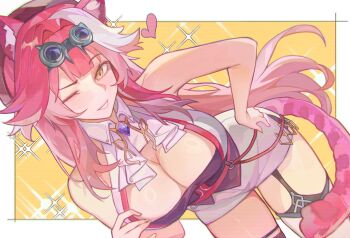 1girl absurdres akurin_14 animal_ears ascot bare_shoulders beret black_hat blue_gemstone blush breasts cleavage collared_shirt commentary contrapposto fingernails garter_straps gem goggles goggles_on_head hair_intakes hat heart highres hololive hololive_english jewelry long_hair looking_at_viewer multicolored_hair nail_polish one_eye_closed panther_ears panther_girl panther_tail pink_hair pink_lips pink_nails pink_tail raora_panthera raora_panthera_(1st_costume) shirt shorts single_garter_strap sleeveless sleeveless_shirt smile solo streaked_hair tail thigh_strap thighhighs thighs two-tone_hair virtual_youtuber white_ascot white_shirt white_shorts white_thighhighs yellow_background yellow_eyes