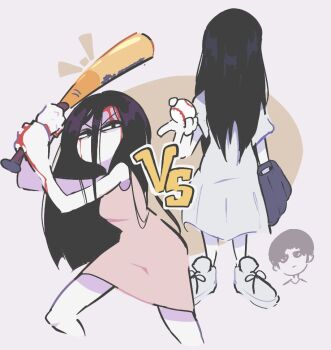 1boy 2024 2girls arms_up ball bare_legs bare_shoulders baseball baseball_bat baseball_glove beckoning black_skin blood blood_on_face blood_on_hands breasts clenched_hands colored_skin commentary crossover dress english_commentary feet_out_of_frame full_body hair_over_eyes half-closed_eyes holding holding_ball holding_baseball_bat legs_apart multiple_girls no_mouth pale_skin saeki_kayako serious shammah shirt shoes simple_background sleeveless sleeveless_shirt small_breasts straight-on the_grudge the_ring v-shaped_eyebrows white_dress white_shoes yamamura_sadako