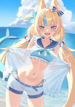 1girl :3 :d absurdres ahoge animal_ear_fluff animal_ears bikini bikini_under_clothes bikini_bottom_under_shorts blonde_hair blue_bikini blue_eyes blue_hair blue_sailor_collar blue_sky cat_ears commentary cowboy_shot day english_commentary fangs fins fish_girl fish_tail frilled_bikini frilled_shirt_collar frills halterneck highleg highleg_bikini highres indie_virtual_youtuber lifebuoy_hair_ornament long_hair looking_at_viewer low_twintails multicolored_hair navel ocean open_clothes open_mouth open_shirt outdoors sailor_collar sameko_saba shirt short_shorts shorts side-tie_bikini_bottom sky sleeveless sleeveless_shirt smile solo stomach streaked_hair swimsuit tail twintails very_long_hair virtual_youtuber white_shirt yubbiidraw