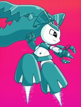 1girl aiming arm_cannon artist_name big_hair blue_eyes blue_shirt blue_skin blue_skirt clenched_hand closed_mouth colored_skin crop_top electricity extra_mouth female_focus flat_chest floating full_body fusion gen_3_pokemon gradient_background hand_up highres humanoid_robot jaggy_lines jenny_wakeman leg_up long_hair looking_to_the_side mawaifu mawile mechanization microskirt multicolored_skin my_life_as_a_teenage_robot navel nintendo outstretched_arm pink_background pokemon pokemon_(creature) powering_up robot rocket sharp_teeth shirt sideways_mouth signature simple_background skirt sleeveless sleeveless_shirt solo stomach teeth two-tone_skin weapon white_skin