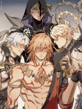 4boys abs alternate_form antenna_hair arm_tattoo armlet armor black_choker black_cloak black_coat black_shirt blonde_hair blue_eyes blush braid broken_mask chest_tattoo choker clawed_gauntlets cloak coat commentary cracked_skin earrings english_commentary facial_tattoo flame_reaver_of_the_deepest_dark gold_earrings gold_necklace gradient_hair hair_between_eyes halo halo_behind_head highres honkai:_star_rail honkai_(series) hood hood_up hooded_cloak jewelry lycheelinecat male_focus mask medium_hair multicolored_hair multiple_boys muscular muscular_male mydei_(honkai:_star_rail) necklace open_clothes open_coat parted_bangs pauldrons phainon_(honkai:_star_rail) phainon_(khaslana)_(honkai:_star_rail) red_hair red_tattoo shirt short_hair shoulder_armor side_braid single_pauldron tattoo white_coat white_hair yaoi yellow_eyes