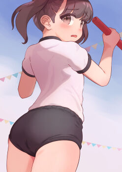 1girl ass black_buruma blush brown_eyes brown_hair buruma cloud embarrassed flat_chest from_behind gym_uniform highres holding holding_relay_baton kai_ooo1 loli looking_at_viewer looking_back open_mouth original relay_baton shirt short_sleeves sky standing string_of_flags track_and_field twintails white_shirt