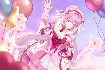 1girl arm_behind_back baili_baigal balloon breasts closed_mouth diamond-shaped_pupils diamond_(shape) dress earrings elysia_(hi_love_elf)_(honkai_impact) elysia_(honkai_impact) hair_ornament hand_up hat heart heart_earrings heart_hair_ornament highres honkai_(series) honkai_impact_3rd instrument jewelry large_breasts long_hair looking_at_viewer pink_dress pink_hair pointy_ears purple_eyes smile solo star_balloon symbol-shaped_pupils trumpet very_long_hair watermark waving weibo_watermark white_hat