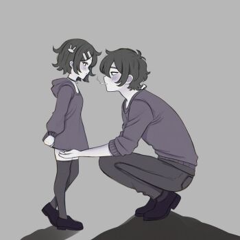 1boy 1girl age_difference aged_down alessiaara andrew_graves ashley_graves black_hair blush brother_and_sister cigarette green_eyes grey_background highres looking_at_another pink_eyes short_hair siblings smoking the_coffin_of_andy_and_leyley thighhighs thighs