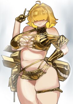 1girl absurdres ahoge alternate_costume bare_shoulders blonde_hair breasts commentary_request elegg_(nikke) gloves goddess_of_victory:_nikke hair_over_eyes hand_on_own_hip highres large_breasts legband medium_hair miao_jiangyou plump simple_background solo thick_thighs thighs yellow_gloves