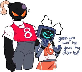 2boys antennae basketball_jersey blue_eyes blush bomb explosive friday_night_funkin&#039; fuse hex_(friday_night_funkin&#039;) joints mechanical_arms midriff_peek multiple_boys muscular muscular_male non-web_source orange_eyes orange_shorts pants red_shirt robot robot_joints shirt shorts sweatdrop television white_shirt whitty_(sock.clip)