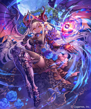 1girl armor armored_dress bat_(animal) black_dress blonde_hair blue_flower blue_moon blue_rose boots branch breasts character_request claws corset dark-skinned_female dark_skin dragon_wings dress earrings energy_ball fang floral_pattern flower flower_ornament full_body garter_straps gauntlets head_wings highres horns jewelry large_breasts long_hair madogawa moon night night_sky open_mouth pink_eyes pointy_ears ribbon rose shadowverse skirt sky smile tree very_long_hair wings yellow_eyes