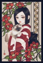 Rule 34 | 1girl, animal, animal print, black border, black hair, black sash, blunt ends, border, branch, brown eyes, cat, cat print, ear piercing, earrings, flower, from side, highres, holding, holding animal, holding cat, japanese clothes, jewelry, kimono, leaf, lips, long sleeves, looking at viewer, looking to the side, obi, original, parted hair, parted lips, piercing, print kimono, red flower, red kimono, sash, seal impression, short hair, signature, solo, stained glass, standing, striped clothes, striped kimono, upper body, ushiyama ame, vertical-striped clothes, vertical-striped kimono, white kimono, wide sleeves