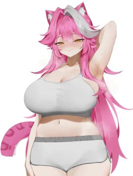 1girl absurdres alternate_costume animal_ears arm_behind_head arm_up armpits breasts center-flap_bangs closed_mouth commentary cowboy_shot dolphin_shorts double-parted_bangs grey_shorts grey_sports_bra highres hololive hololive_english huge_breasts long_hair looking_at_viewer multicolored_hair navel panther_ears panther_girl panther_tail pink_hair raora_panthera rieko_(kuusairieko) shorts sidelocks simple_background smile solo sports_bra streaked_hair tail very_long_hair virtual_youtuber white_background white_streaks yellow_eyes