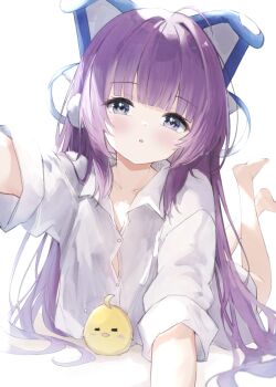 1girl :o ahoge animal_ears azur_lane baby_animal bare_legs barefoot bird blue_eyes blush chick closed_eyes collarbone collared_shirt commentary_request commission crossed_ankles dress_shirt fake_animal_ears feet feet_up hair_ornament hair_spread_out highres legs legs_up long_hair long_sleeves looking_at_viewer lying manjuu_(azur_lane) naked_shirt official_alternate_costume on_stomach open_mouth parted_lips phos_phos purple_hair reaching reaching_towards_viewer shirt simple_background skeb_commission soles tashkent_(azur_lane) tashkent_(the_blue_snoozer)_(azur_lane) the_pose toes very_long_hair white_background white_shirt