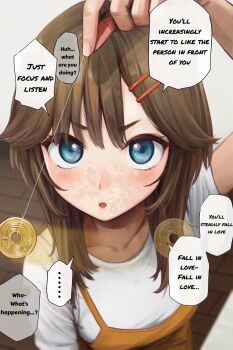1girl arm_up blue_eyes blush brown_hair coin coin_on_string collarbone commentary commentary_request copyright_request english_commentary english_text hair_ornament hairclip highres holding holding_string holed_coin hypnosis indoors looking_at_viewer medium_hair mind_control open_mouth potato_iida pov shirt short_hair short_sleeves solo speech_bubble string tagme text_focus translated white_shirt wooden_floor