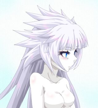 1girl blue_background blue_eyes blunt_bangs blush breasts collarbone colored_skin expressionless grey_hair hayashiya_zankurou large_breasts looking_to_the_side messy_hair no_nipples nude original pink_lips sidelocks simple_background solo spiked_hair thick_eyelashes upper_body white_skin