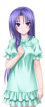 1girl blush clenched_hand cowboy_shot dress frills game_cg higuchi_isami large_variant_set long_hair looking_at_viewer mahou_shoujo_sae murakami_shizuru nightgown non-web_source official_art pajamas purple_eyes purple_hair short_sleeves sleepwear solo transparent_background variant_set