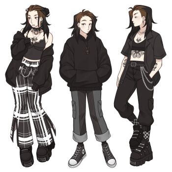 1girl :/ arm_tattoo black_hair black_hoodie black_jacket black_shoes black_sports_bra black_sweater body_freckles breasts brown_eyes brown_hair cargo_pants chain chain_necklace checkered_clothes checkered_socks chest_tattoo cleavage collar commentary converse cross cross_earrings ear_piercing earrings english_commentary freckles frown gluca grey_pants hand_in_pocket highres hood hooded_sweater hoodie jacket jewelry lanyard mole mole_above_mouth multicolored_hair necklace pants piercing real_life self-portrait shoes small_breasts sneakers spiked_collar spikes sports_bra stomach_tattoo streaked_hair striped_clothes striped_pants sweater tattoo two-tone_hair vertical-striped_clothes vertical-striped_pants