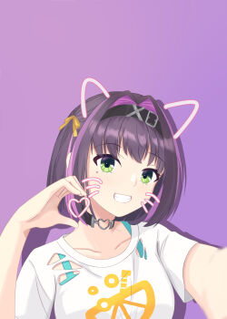 1girl :d absurdres animal_ears black_choker black_hair blush bow cat_ears choker collarbone commentary_request cy27 drawn_ears drawn_whiskers drop_shadow green_eyes grin hair_belt hair_between_eyes hair_bow hair_intakes hand_up hands_up happy heart heart_hands heart_in_heart_hands heart_o-ring highres limelight_lemonade_jam looking_at_viewer medium_hair mole mole_under_eye multicolored_hair nabari_anju o-ring o-ring_choker open_mouth print_shirt purple_background purple_hair selfie shirt short_sleeves simple_background smile solo straight_hair streaked_hair t-shirt torn_clothes torn_shirt two-tone_hair white_shirt yellow_bow