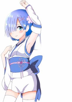 10s 1girl aqua_eyes arm_up armpits blue_hair blush commentary_request cowboy_shot detached_sleeves flower hair_flower hair_ornament hair_over_one_eye hand_on_own_chest highres japanese_clothes kimono light_blush looking_at_viewer obi obiage obijime re:zero_kara_hajimeru_isekai_seikatsu reference_work rem_(re:zero) sash short_kimono sleeveless sleeveless_kimono standing thighhighs tourun_hori-kun white_background white_kimono white_thighhighs wide_sleeves x_hair_ornament