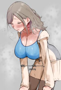 1girl alternate_breast_size_(larger) blue_sports_bra blush breasts brown_pantyhose ceras_yanagida_lilienfeld ceras_yanagida_lilienfeld_(winter_training_wear) character_name cleavage commentary cowboy_shot exhausted grey_background grey_hair hair_ribbon hands_on_own_knees heavy_breathing highres huge_breasts jacket link!_like!_love_live! love_live! official_alternate_costume open_mouth pantyhose partially_unzipped pink_ribbon ribbon simple_background skirt solo sports_bra subtitled syoma_(1026syoma) virtual_youtuber white_jacket white_skirt