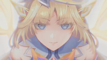 1girl blonde_hair blue_eyes close-up closed_mouth commentary cross-shaped_pupils demoncotik energy_wings facial_mark forehead_mark genshin_impact glowing glowing_wings highres long_hair looking_at_viewer nicole_reeyn portrait simple_background solo symbol-shaped_pupils wings yellow_wings