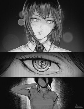 2girls absurdres chainsaw_man closed_mouth collared_shirt commentary crosshatching english_commentary expressionless eye_reflection greyscale hatching_(texture) highres imminent_explosion instagram_logo instagram_username makima_(chainsaw_man) marvin_(omarvin) monochrome multiple_girls polo_shirt reflection reze_(chainsaw_man) ringed_eyes shaded_face shirt short_sleeves signature twitter_logo twitter_username woven_hatching