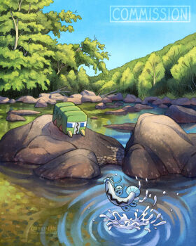 Rule 34 | barboach, blue sky, charjabug, commission, day, effie lealand, english text, fish, gen 3 pokemon, gen 7 pokemon, highres, nintendo, no humans, outdoors, pokemon, pokemon (creature), pond, rock, sky, splashing, tree, water