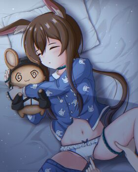 1boy 1girl :3 @_@ absurdres amiya_(arknights) animal_print arknights bed_sheet blue_pajamas bow bow_panties brown_fur choker closed_eyes clothes_pull doctor_(arknights) floppy_ears frilled_panties frills hair_between_eyes hetero highres holding holding_stuffed_toy holding_toy hugging_doll hugging_object imminent_penetration imminent_rape imminent_vaginal infection_monitor_(arknights) jewelry leg_grab leg_lift leg_up loli long_hair long_sleeves lying morikado multiple_rings navel night objectification on_back on_bed pajamas pajamas_pull panties pillow ponytail rabbit_ears rabbit_girl rabbit_print ring shadow sidelocks sleep_molestation sleeping spread_legs stomach stuffed_animal stuffed_rabbit stuffed_toy sweat textless_version thigh_strap thighs toy unbuttoned underwear variant_set white_fur white_panties