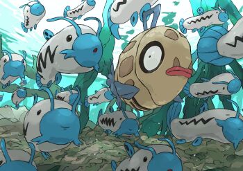 aomon_(yuuji7604) barboach black_eyes closed_mouth feebas fins fish gen_3_pokemon highres nintendo no_humans pokemon pokemon_(creature) pokemon_focus seaweed solid_circle_eyes underwater whiskers