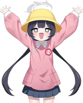 Rule 34 | + +, 1girl, absurdres, arms up, black hair, black skirt, blue archive, commentary request, cowboy shot, flower pin, grey eyes, grey halo, halo, hat, highres, kindergarten uniform, kisaki (blue archive), kisaki (kindergarten uniform) (blue archive), long hair, long sleeves, looking at viewer, low twintails, name tag, open mouth, pink shirt, pleated skirt, school hat, shirt, skirt, smile, solo, symbol-shaped pupils, tanuk, twintails, yellow hat