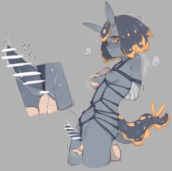 1futa animal_penis antennae arms_behind_back bar_censor bdsm blush bondage bound bound_arms breasts breath censored close-up closed_mouth colored_tips cowboy_shot cropped_legs crotch_rope disembodied_hand erection fingering from_side futanari grabbing_another&#039;s_breast grey_background grey_hair grey_theme groin groping highres inverted_nipples japanese_text looking_at_viewer monster_girl multicolored_hair multiple_views navel nipples no_testicles nose_blush orange_eyes orange_hair original penis precum pussy pussy_juice sea_slug_girl shibari short_hair sidelocks simple_background small_breasts standing sweat tail translation_request trembling two-tone_hair unarsite vaginal