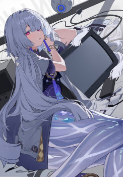 1girl absurdres breasts chinese_commentary colored_eyelashes commentary_request crt earrings feet_out_of_frame grey_hair hakusai_ooc highres jacket jewelry long_hair looking_at_viewer mornye_(wuthering_waves) parted_lips purple_jacket red_eyes see-through_body small_breasts solo triangle_earrings white_jacket wuthering_waves