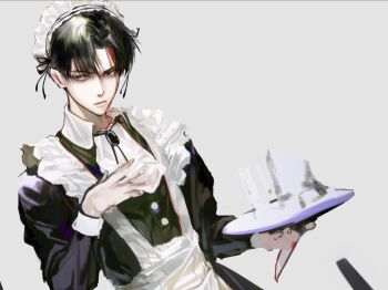 1boy apron black_dress black_eyes black_hair black_ribbon blood blood_on_face buttons closed_mouth collared_dress commentary crossdressing crossdressing_(mtf) curtained_hair dress frilled_apron frills grey_background highres holding holding_plate levi_(shingeki_no_kyojin) looking_at_viewer maid maid_apron maid_headdress male_focus male_maid neck_ribbon plate ribbon seokruri shingeki_no_kyojin short_hair simple_background solo symbol-only_commentary upper_body white_apron